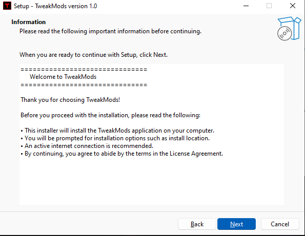 TweakMods FPS boost tool - Installation information screen