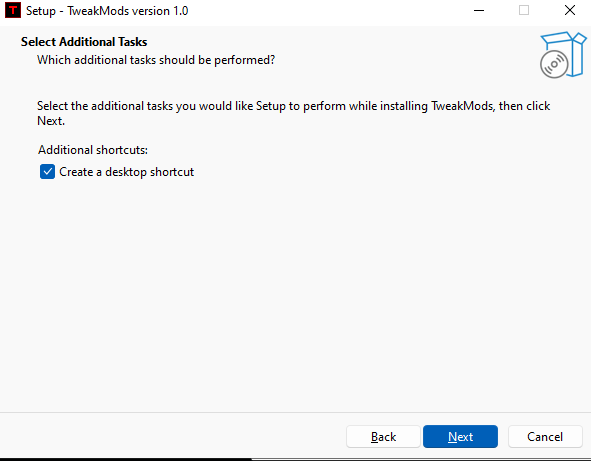 TweakMods gaming optimizer - Select additional installation tasks