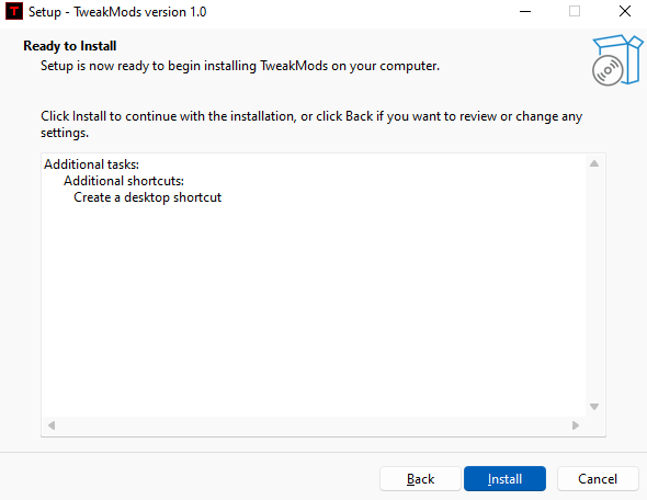 TweakMods Windows 11 optimization tool - Ready to install screen