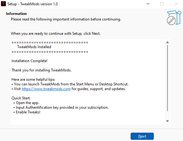 TweakMods PC gaming optimizer - Installation complete with quick start guide